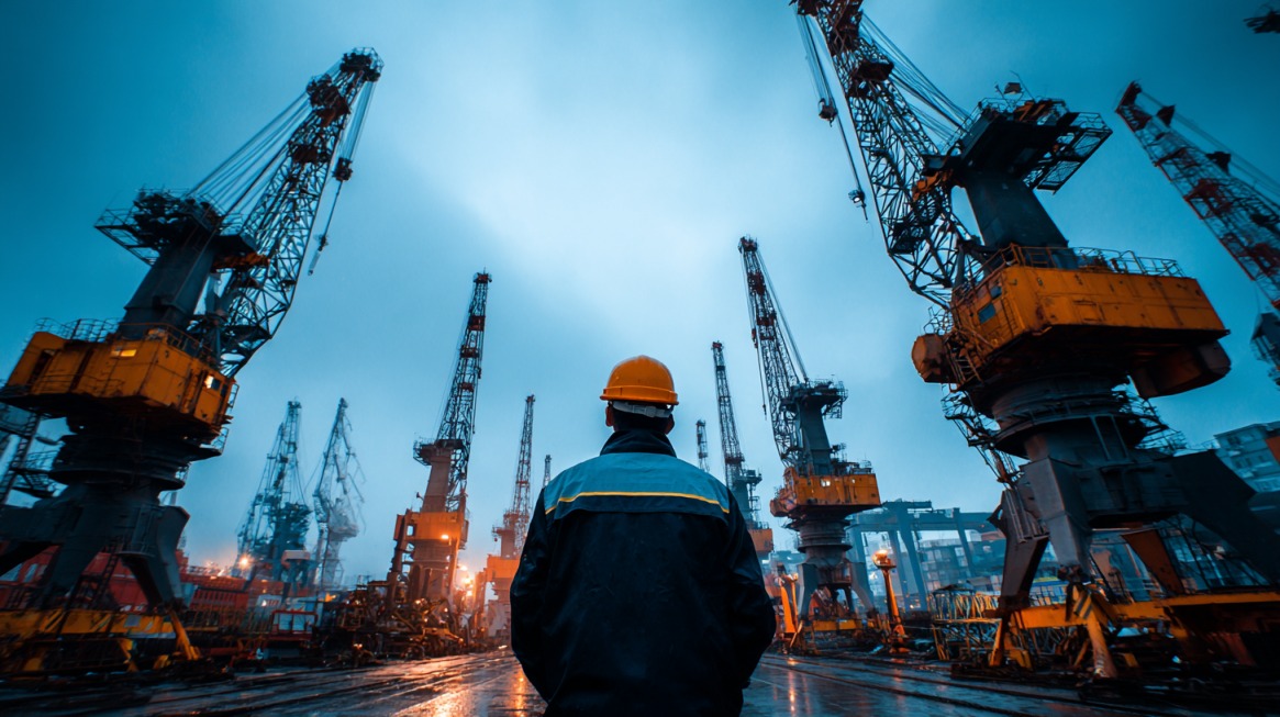 A worker wearing a hard hat stands in front of large industrial cranes at a shipyard, symbolizing contracts and commercial disputes