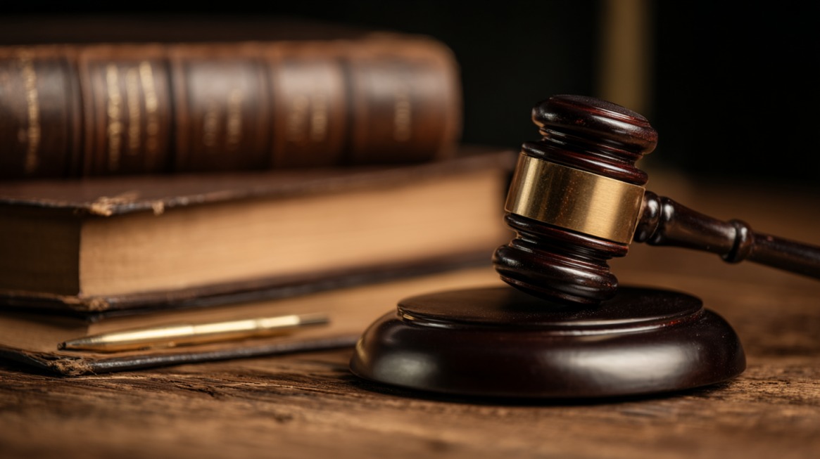 A judge’s gavel placed on a wooden desk with old law books and a pen in the background