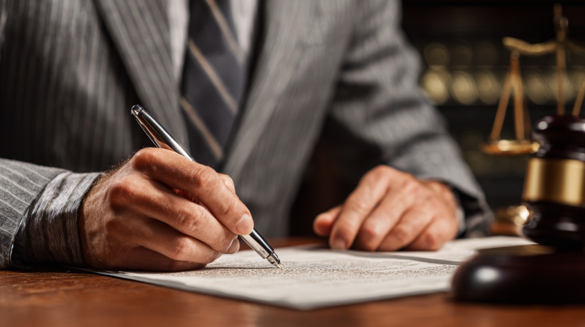 A close-up of a lawyer in a striped suit signing legal documents at a desk with a gavel and scales of justice nearby