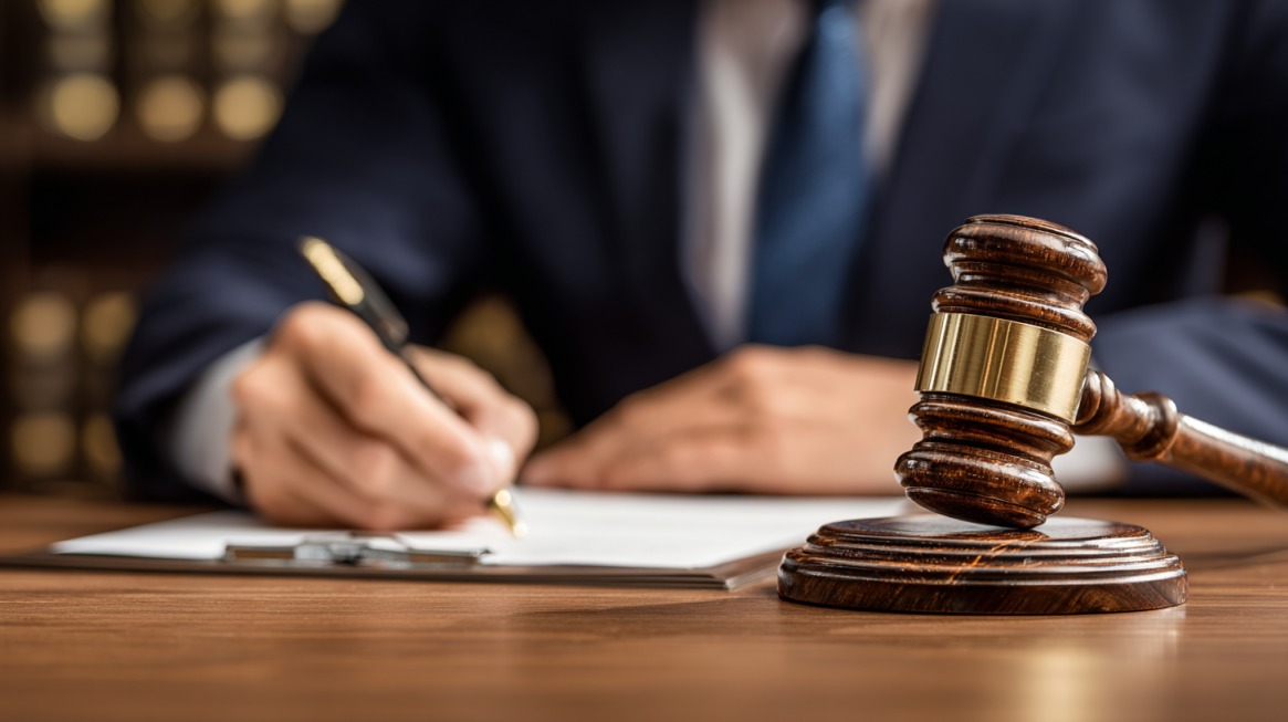 A close-up of a judge's gavel on a desk with a person in a suit signing legal documents in the background