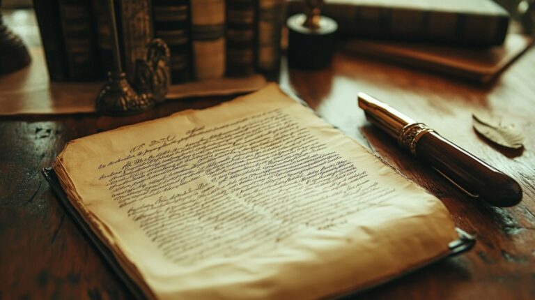 A vintage manuscript with cursive writing on aged paper, placed next to a fountain pen and old books on a wooden desk