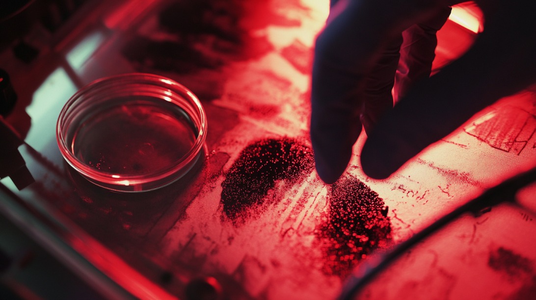 Close-up of a gloved hand analyzing biological evidence under red lighting with fingerprint patterns and a petri dish visible