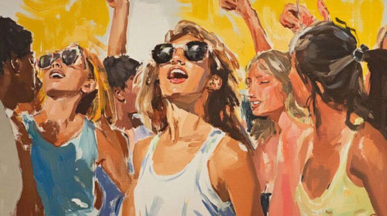 Painting-style image of students joyfully celebrating outdoors in tank tops and sunglasses, suggesting a carefree environment