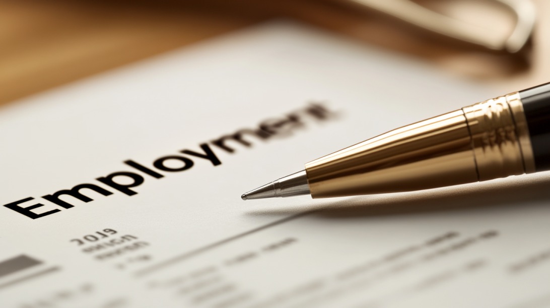 Close-up of a gold pen resting on a document labeled "Employment."