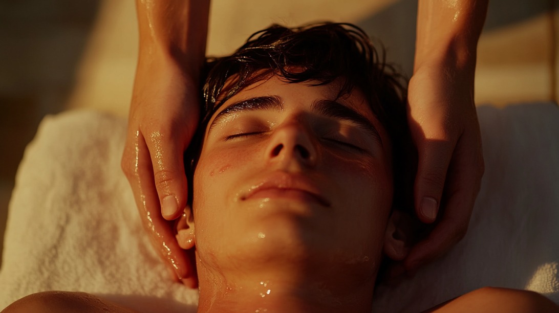Man receiving a relaxing head massage with eyes closed, hands gently placed on his temples