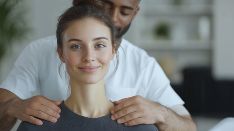 A woman receiving a shoulder massage from a male therapist, smiling calmly