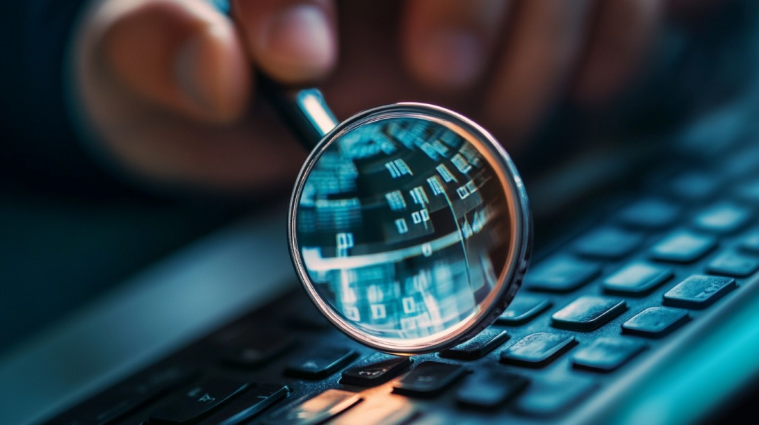 Magnifying glass highlighting binary code on a computer keyboard, symbolizing digital forensics investigation