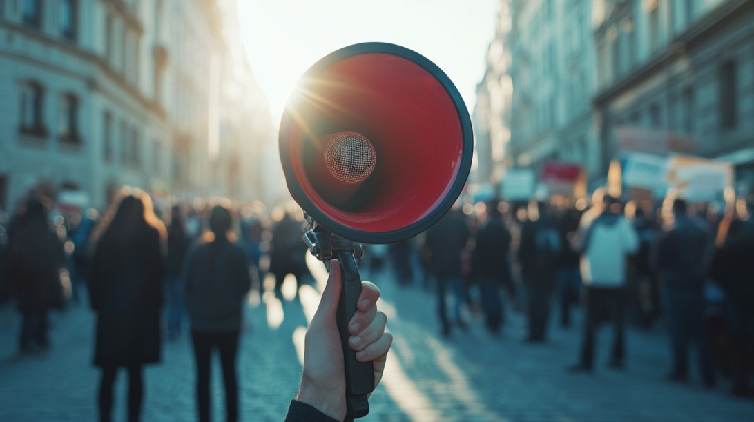 A hand holding a red megaphone pointed at a large crowd of protesters in a city street, with sunlight streaming in the background