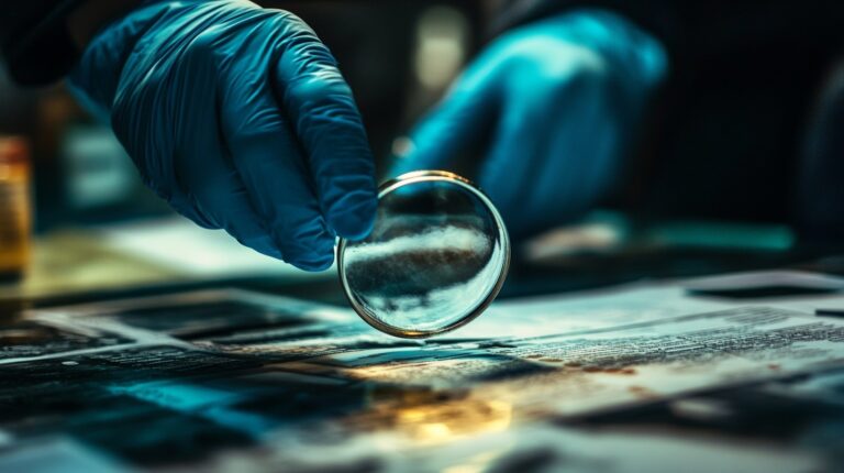 Close-up of a gloved hand holding a magnifying glass over documents and photographs in a forensic investigation setting