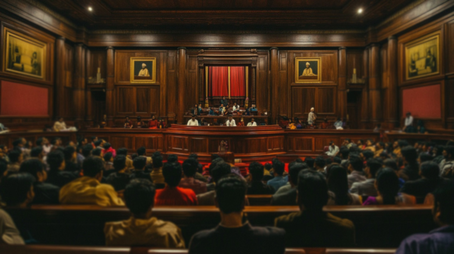 A large courtroom filled with people attending a formal session, with judges seated at the front and portraits on wood-paneled walls