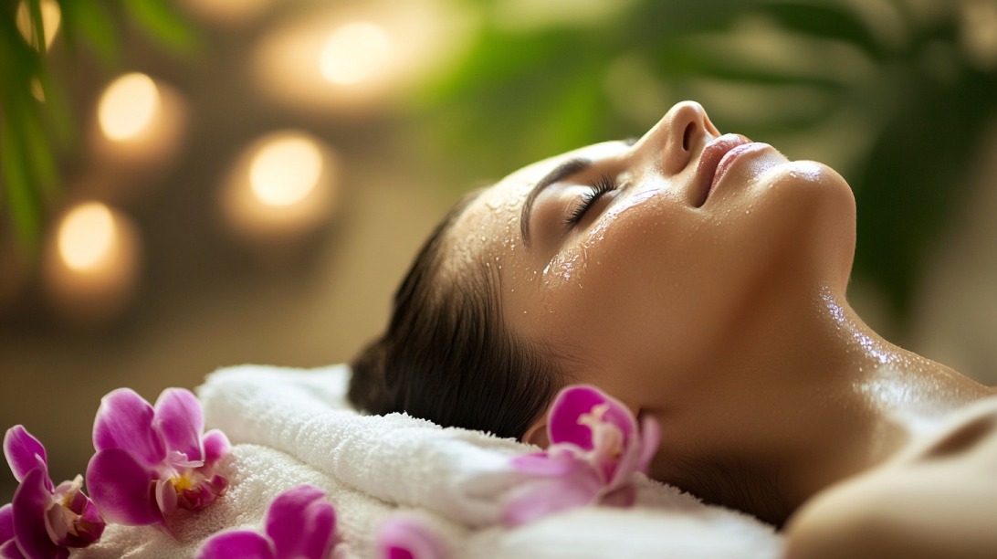 Woman lying down with eyes closed at a spa, surrounded by orchids and soft candlelight