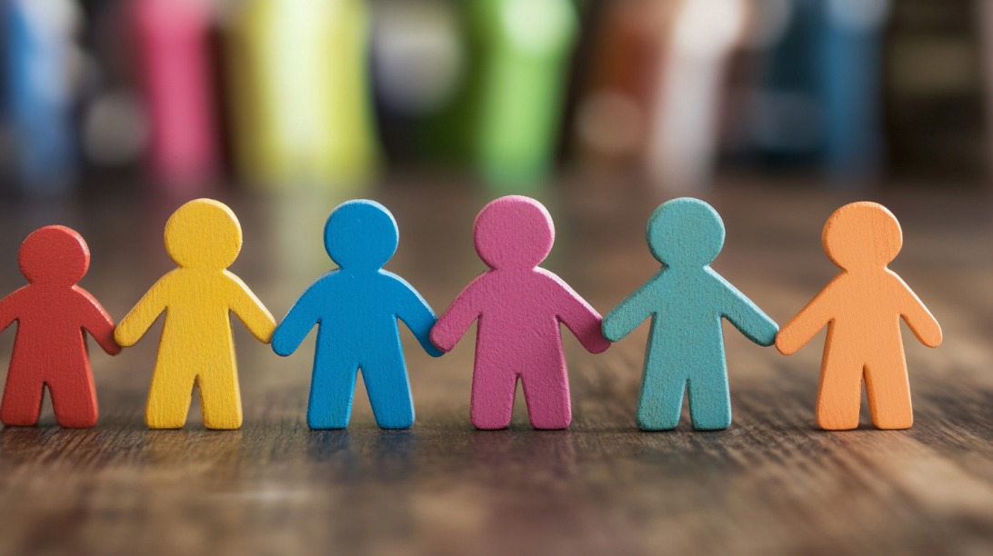 Colorful wooden cutouts of people holding hands, symbolizing unity and support