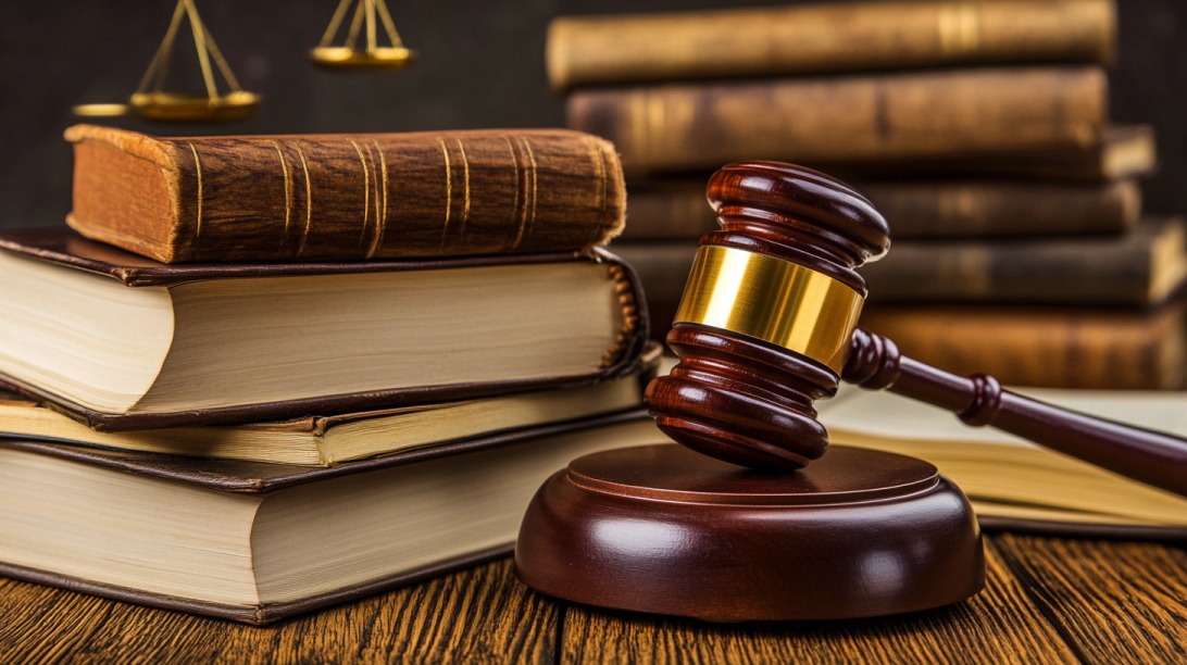A judge’s gavel resting on a stack of legal books with the scales of justice in the background