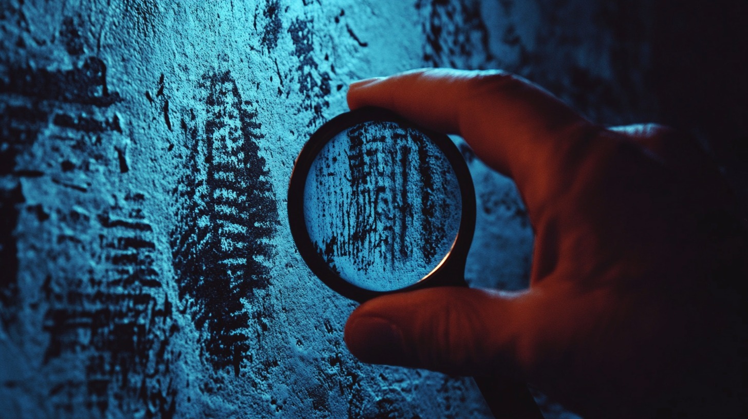 Close-up of a magnifying glass inspecting black markings on a wall under blue forensic lighting