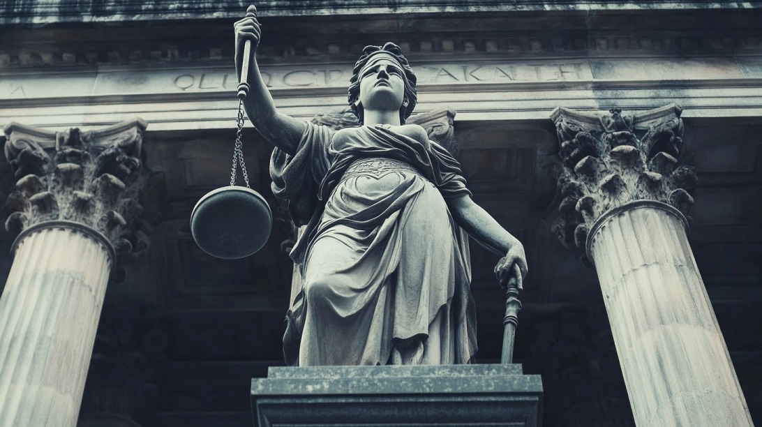 Statue of Lady Justice holding scales in front of a courthouse, symbolizing legal authority and balance