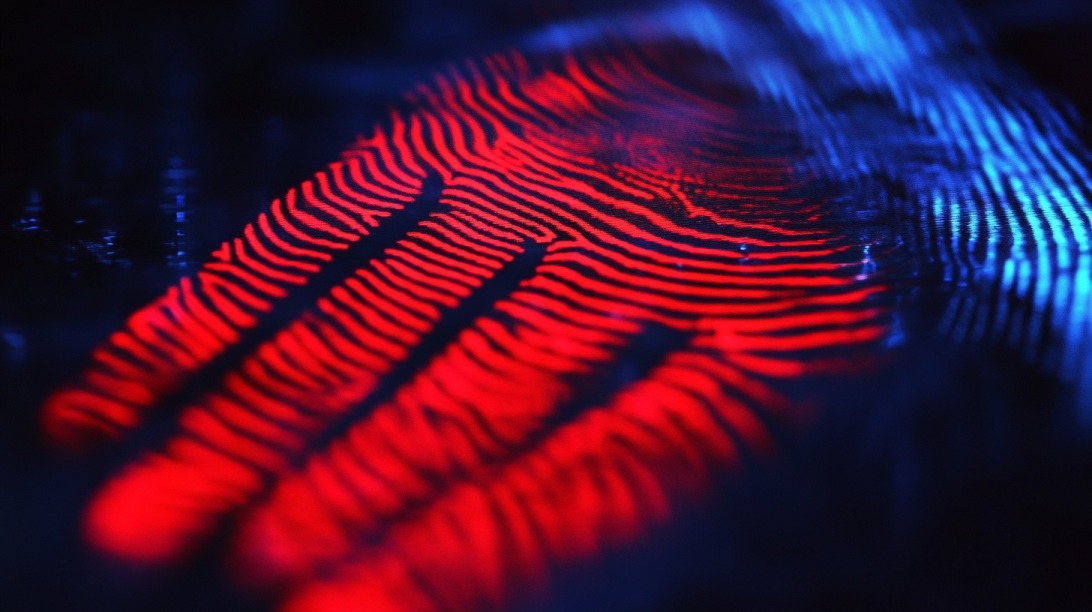 Red fingerprint illuminated under ultraviolet light with visible ridge patterns on a dark background