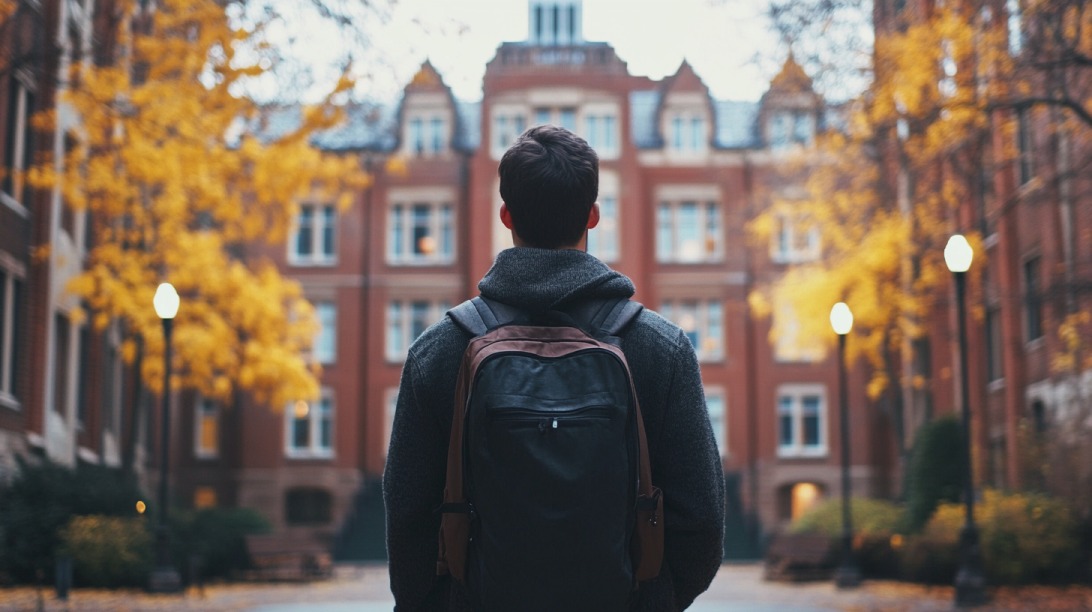 A student with a backpack stands facing a large, traditional school building surrounded by autumn trees, suggesting contemplation or decision-making
