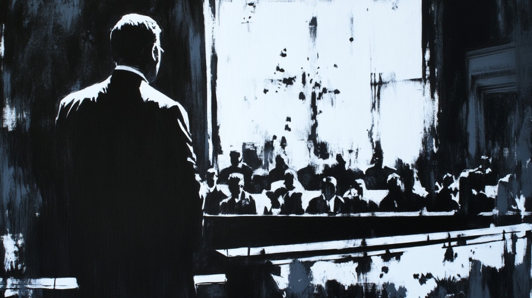 Black and white painting of a man standing in court before a seated audience, symbolizing a courtroom setting