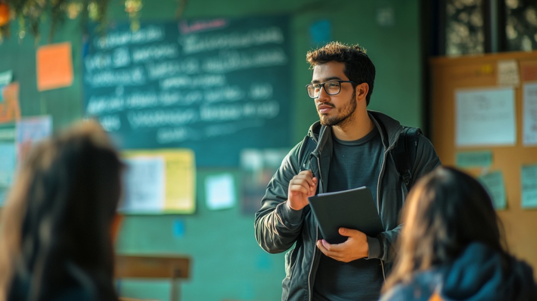 Male teacher holding a tablet, speaking to students in a classroom with a chalkboard and posters