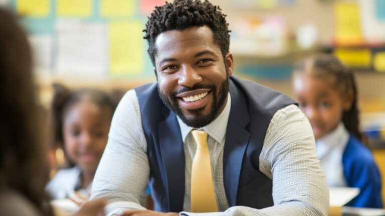 Smiling male teacher in a classroom with young students, wearing a suit and yellow tie