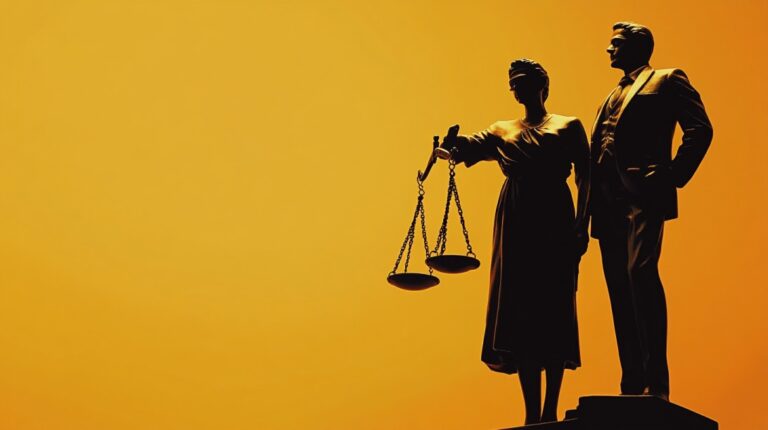 Statue of Lady Justice holding scales beside a man in a suit, symbolizing legal balance and authority