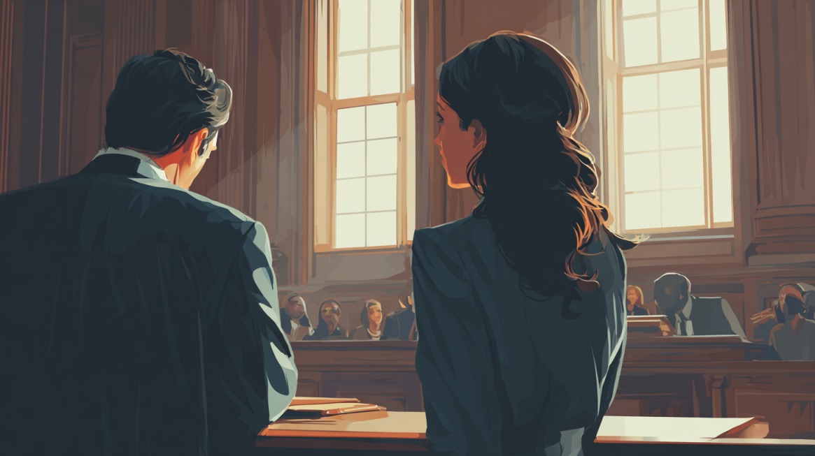 Illustration of two lawyers standing in a courtroom, facing the judge and jury with sunlight streaming through tall windows