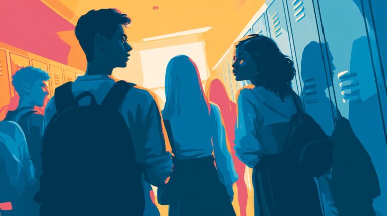 Stylized illustration of high school students walking through a hallway with lockers, symbolizing student life and privacy concerns