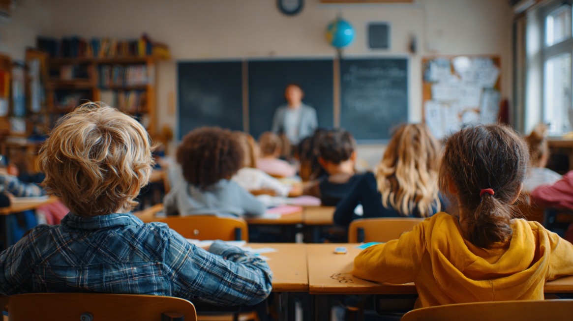Elementary school students sitting at desks, facing a teacher at the front of the classroom