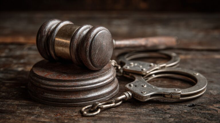 Close-up of a judge’s wooden gavel resting on a block with metal handcuffs beside it on a rustic wooden surface