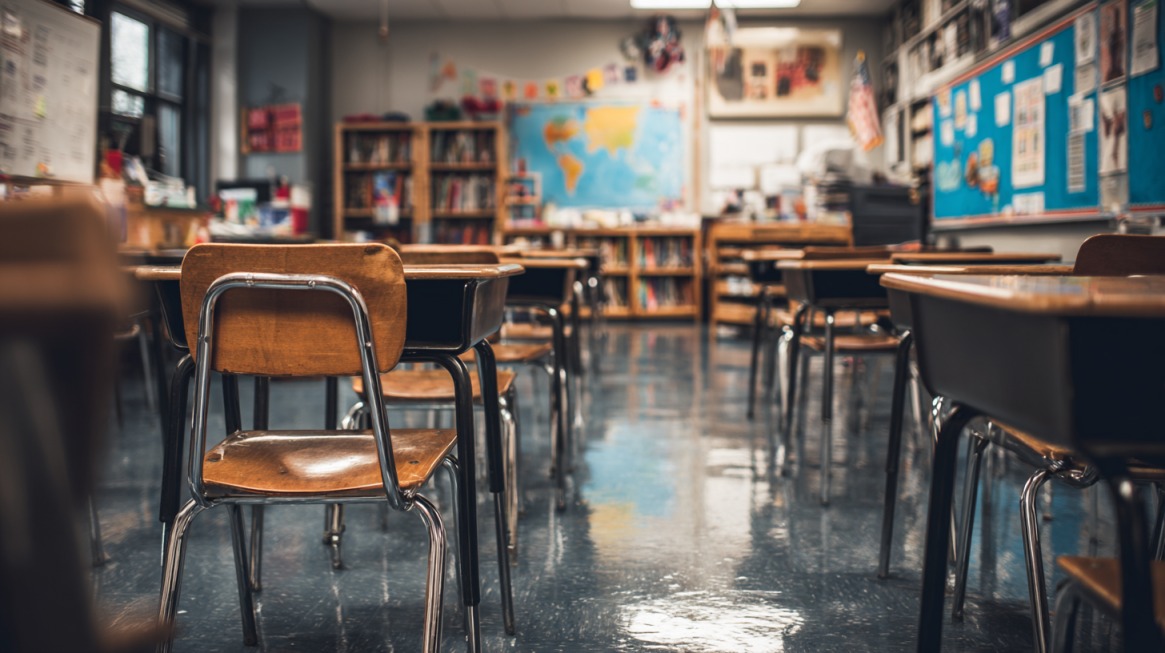Empty classroom with wooden desks and chairs