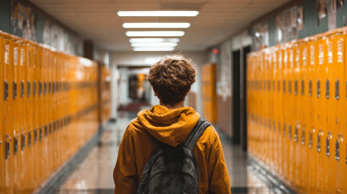 Student walking down a hallway with yellow lockers