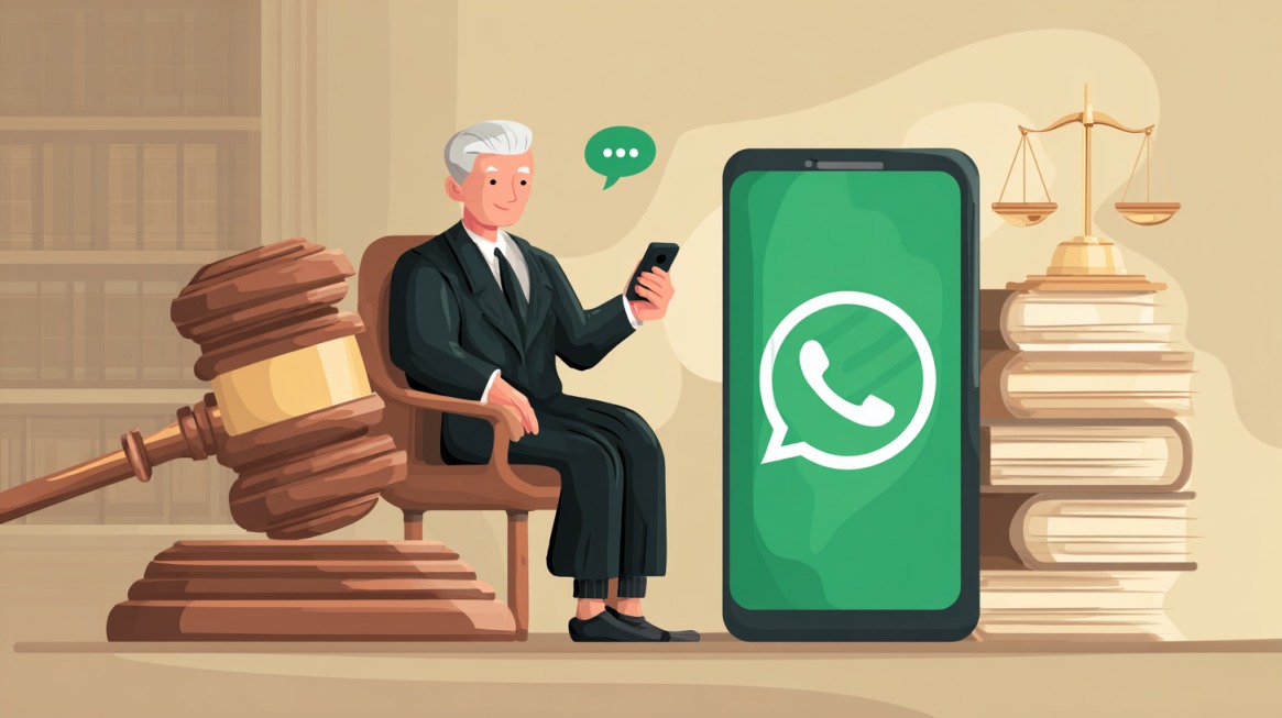 Illustration of a judge using a phone with WhatsApp logo, next to gavel and law books