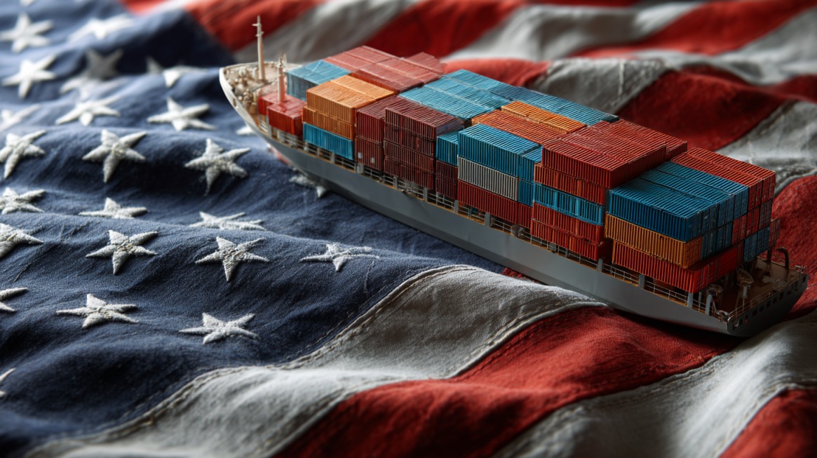 Model cargo ship loaded with colorful containers placed on an American flag, symbolizing international trade disputes and alternatives to litigation