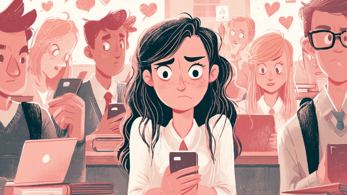 Illustration of a concerned young woman in a classroom surrounded by peers using phones and laptops, with hearts floating in the background, symbolizing social media attention