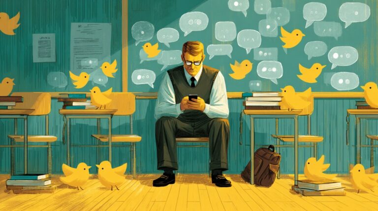 Illustration of a teacher sitting in a classroom looking at a smartphone, surrounded by cartoon yellow birds and speech bubbles symbolizing social media chatter
