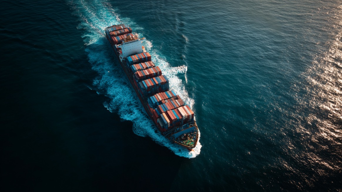 A large cargo ship carrying shipping containers sailing through the ocean, symbolizing international trade governed by maritime law