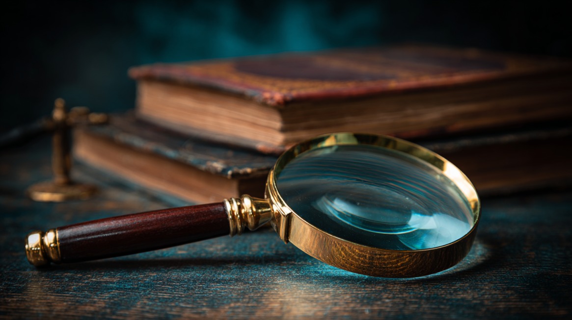 A magnifying glass placed on top of old law books, symbolizing the discovery process in cross-border legal cases