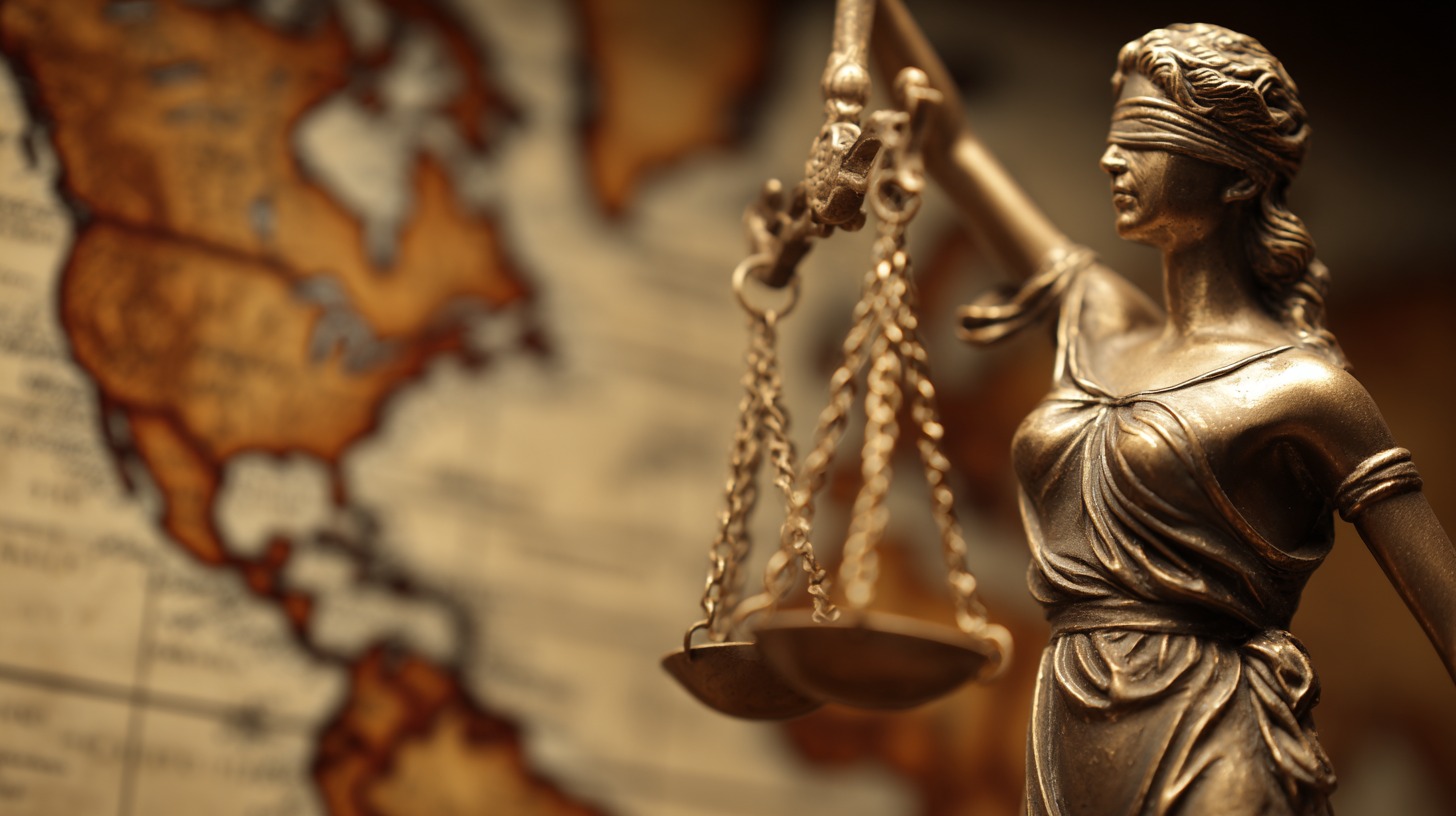 Statue of Lady Justice with scales in front of a world map, symbolizing enforcing court judgments across borders