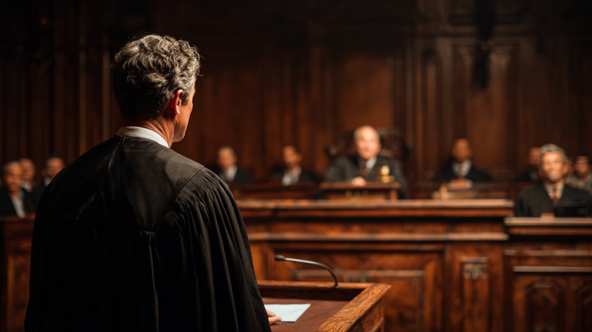 A lawyer addressing judges in a courtroom during a trial, symbolizing the trial process in cross-border disputes