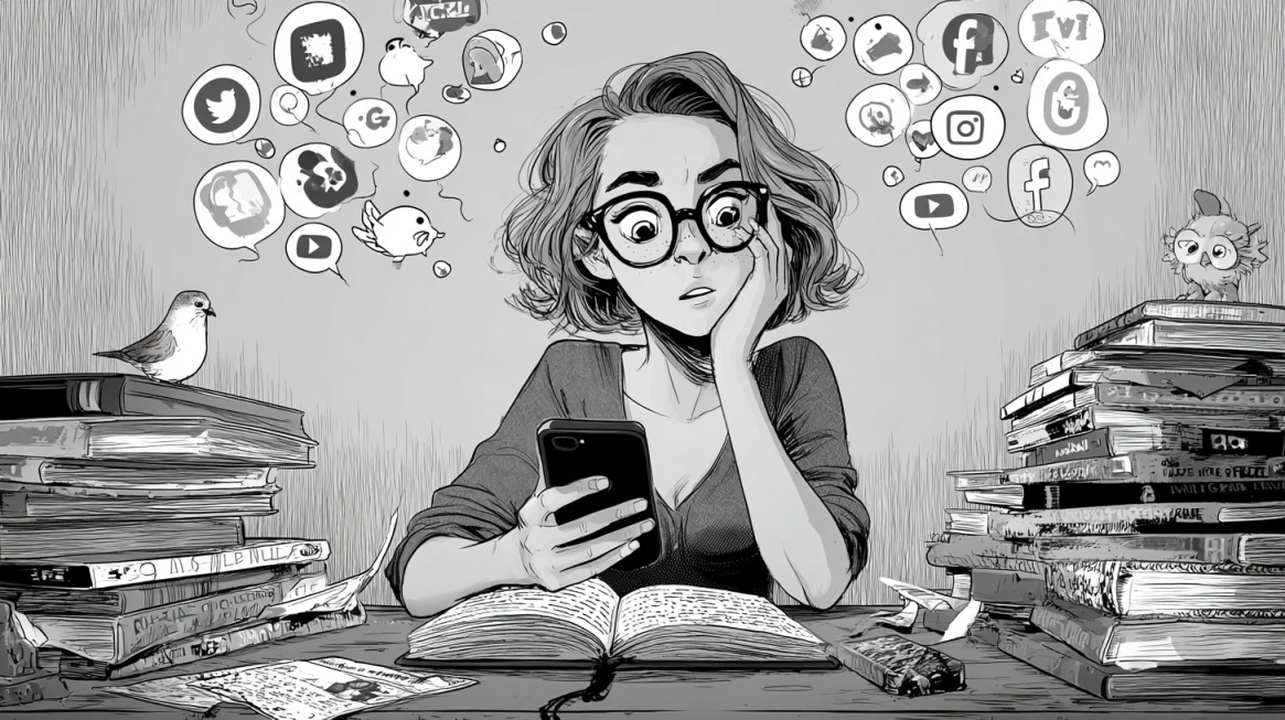 Black-and-white illustration of a teacher sitting between piles of books, looking at her phone as social media icons float around her, representing the tension between online activity and professional ethics