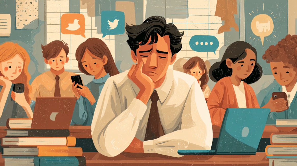 Illustration of a weary-looking teacher sitting at a desk surrounded by students on phones and laptops, with social media icons in the background