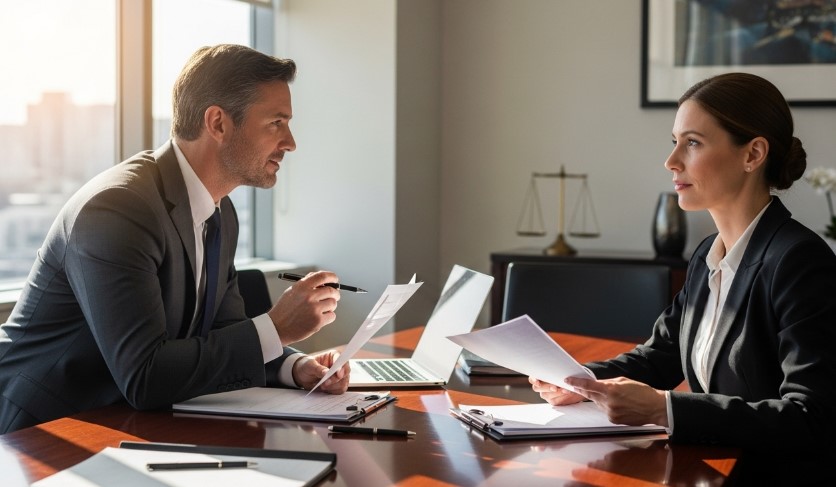 Two business professionals engaged in discussion at a table in a modern office setting
