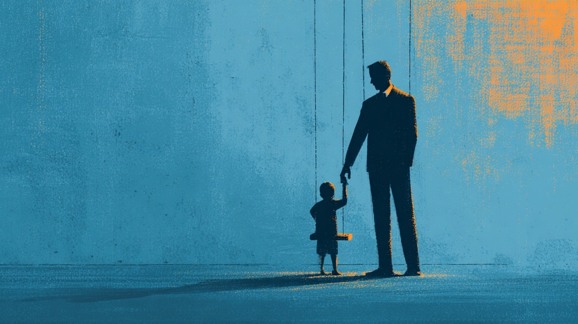 Artistic illustration of a child and adult figure depicted as marionettes on strings, symbolizing control and parent-subsidiary corporate relationships