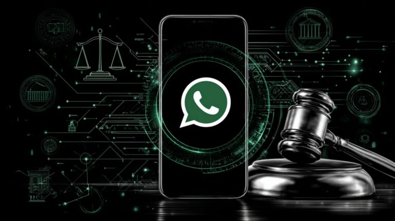 Smartphone with WhatsApp logo, judge’s gavel, and legal symbols in the background