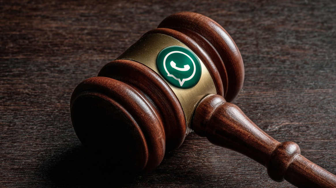 Judge’s gavel with WhatsApp logo on it