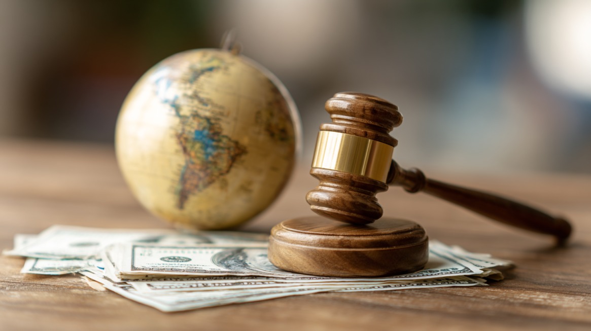 Judge’s gavel resting on U.S. dollar bills beside a globe, symbolizing international legal disputes and cross-border lawsuits