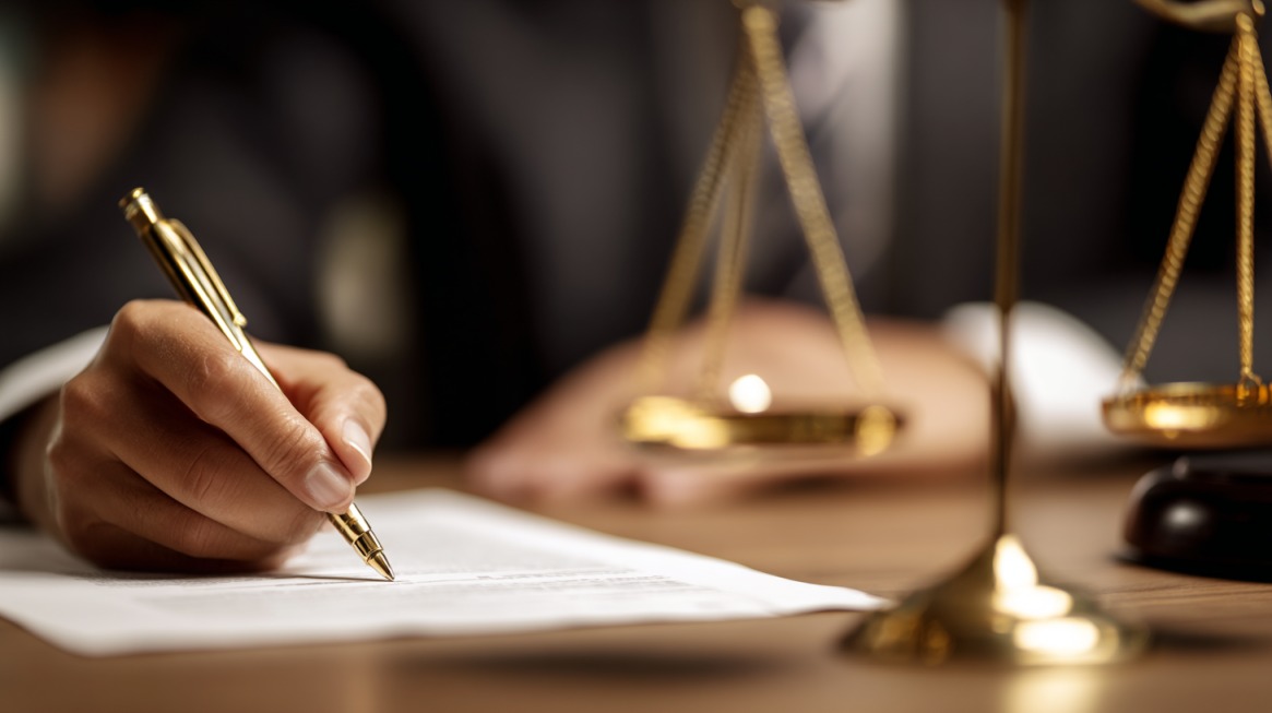 Close-up of a lawyer’s hand writing on legal documents with golden scales of justice in the background
