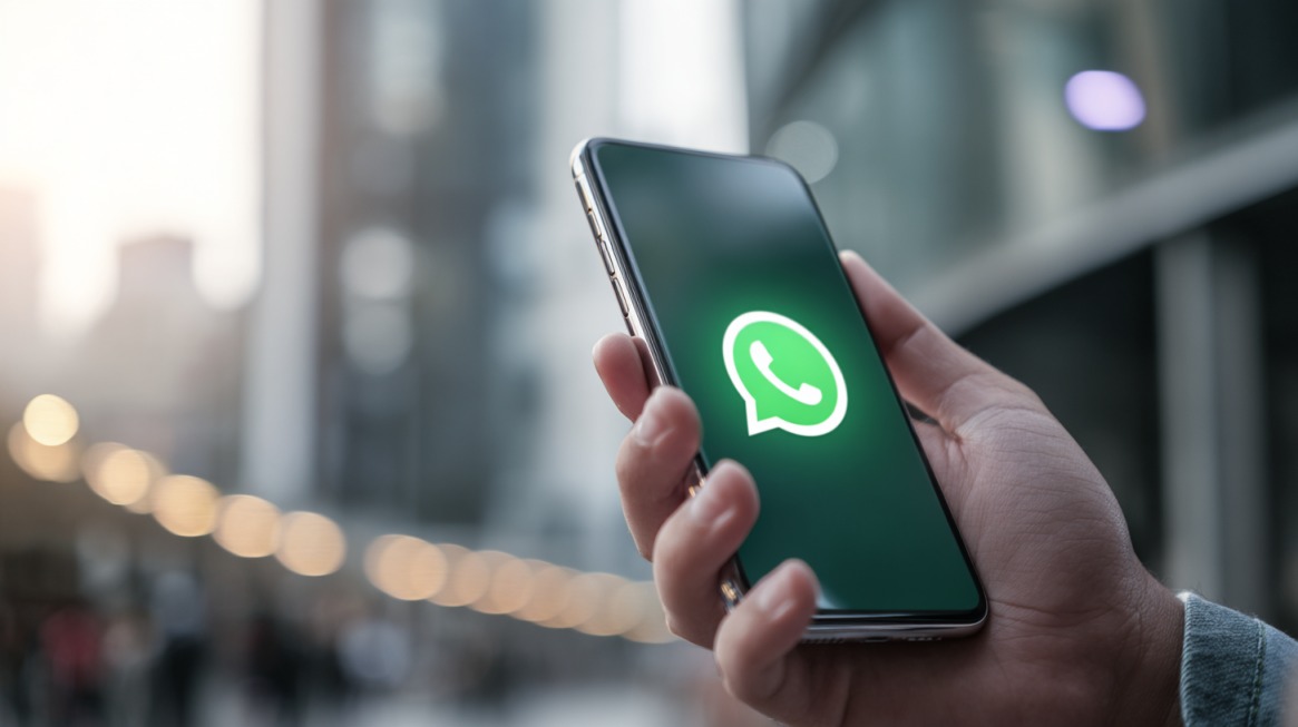 Close-up of a person holding a smartphone displaying the WhatsApp logo