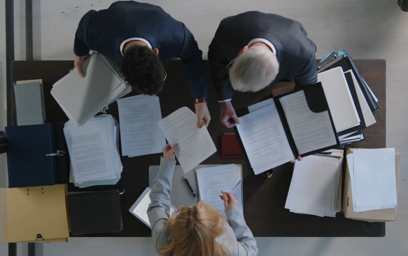Three lawyers seated at a table, reviewing documents and discussing