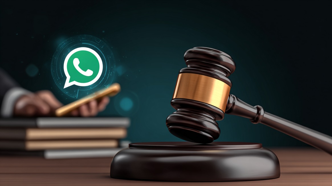 Judge’s gavel with a glowing WhatsApp icon and a person holding a phone in the background